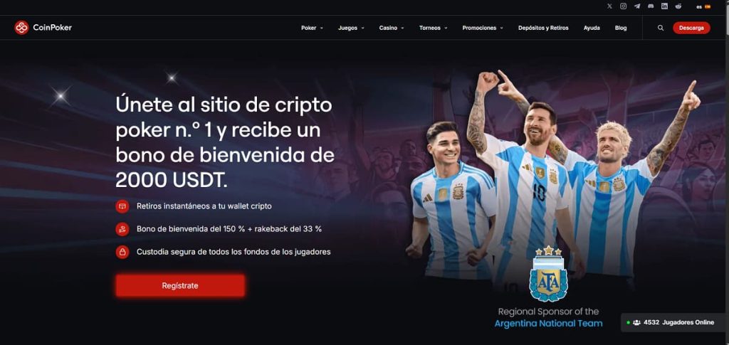 CoinPoker banner con jugadores de la selección argentina, ofreciendo bono de bienvenida de 150 % hasta 2000 USDT más rakeback del 33 %. Diseño oscuro con botón de registro y contador de jugadores online.