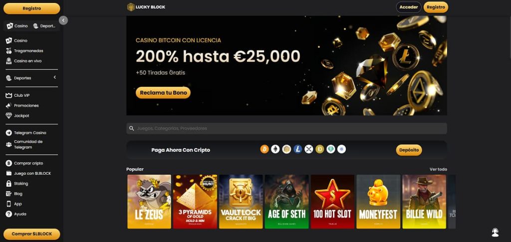 Banner promocional de Lucky Block, un casino de Bitcoin con licencia, que muestra una oferta de bono de '200% up to €25,000 + 50 free spins'. Se ven botones con las etiquetas 'Claim Bonus' y 'Deposit Now'.