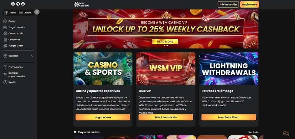 WSM Casino inicio con banner VIP que ofrece hasta 25 % de cashback semanal. Secciones destacadas incluyen casino, tragamonedas, apuestas deportivas, juegos crash y promociones, con opción de retiros rápidos en criptomonedas.